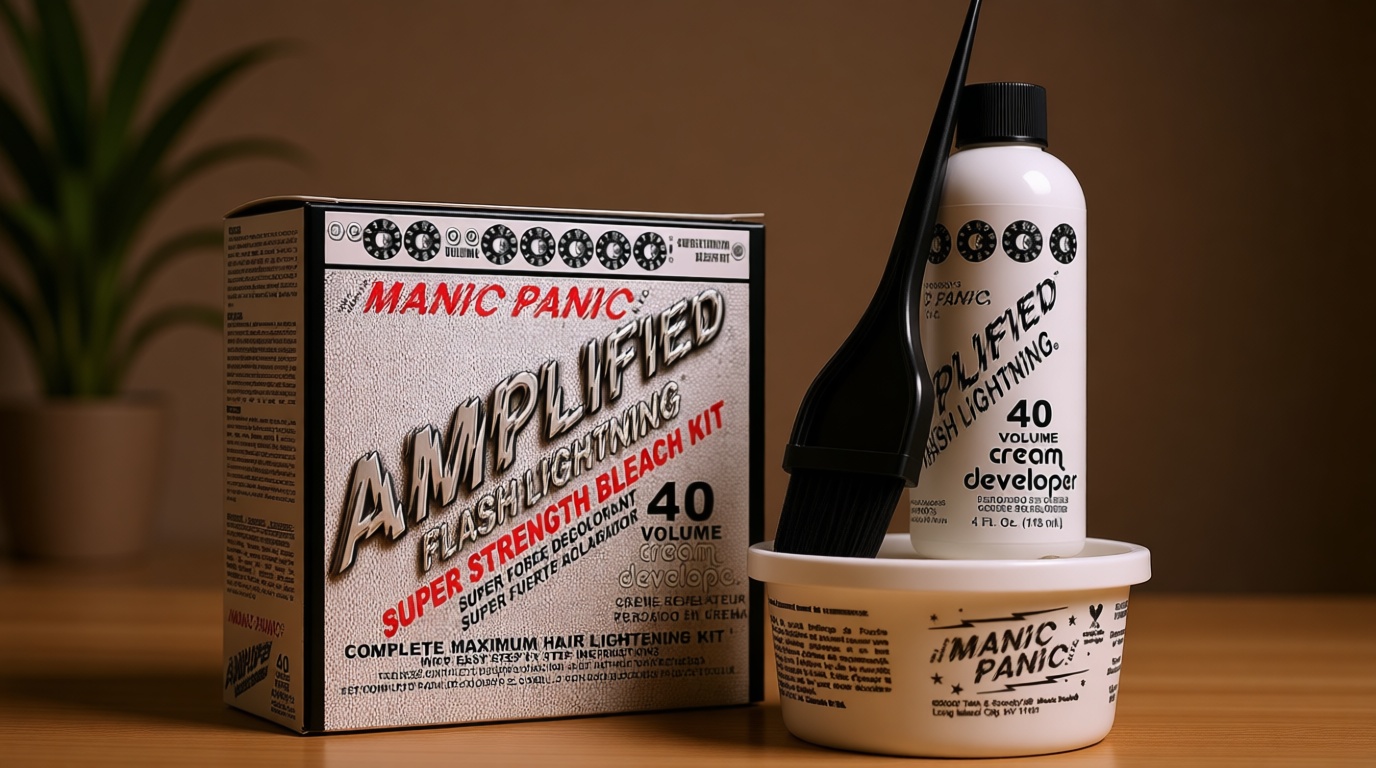 MANIC PANIC Flash Lightning Super Strength Bleach Kit - 40 Volume Developer + Bleach Powder - Hair Lightener for Dark Hair + Lifting up to 7 Levels - Vegan & Cruelty Free