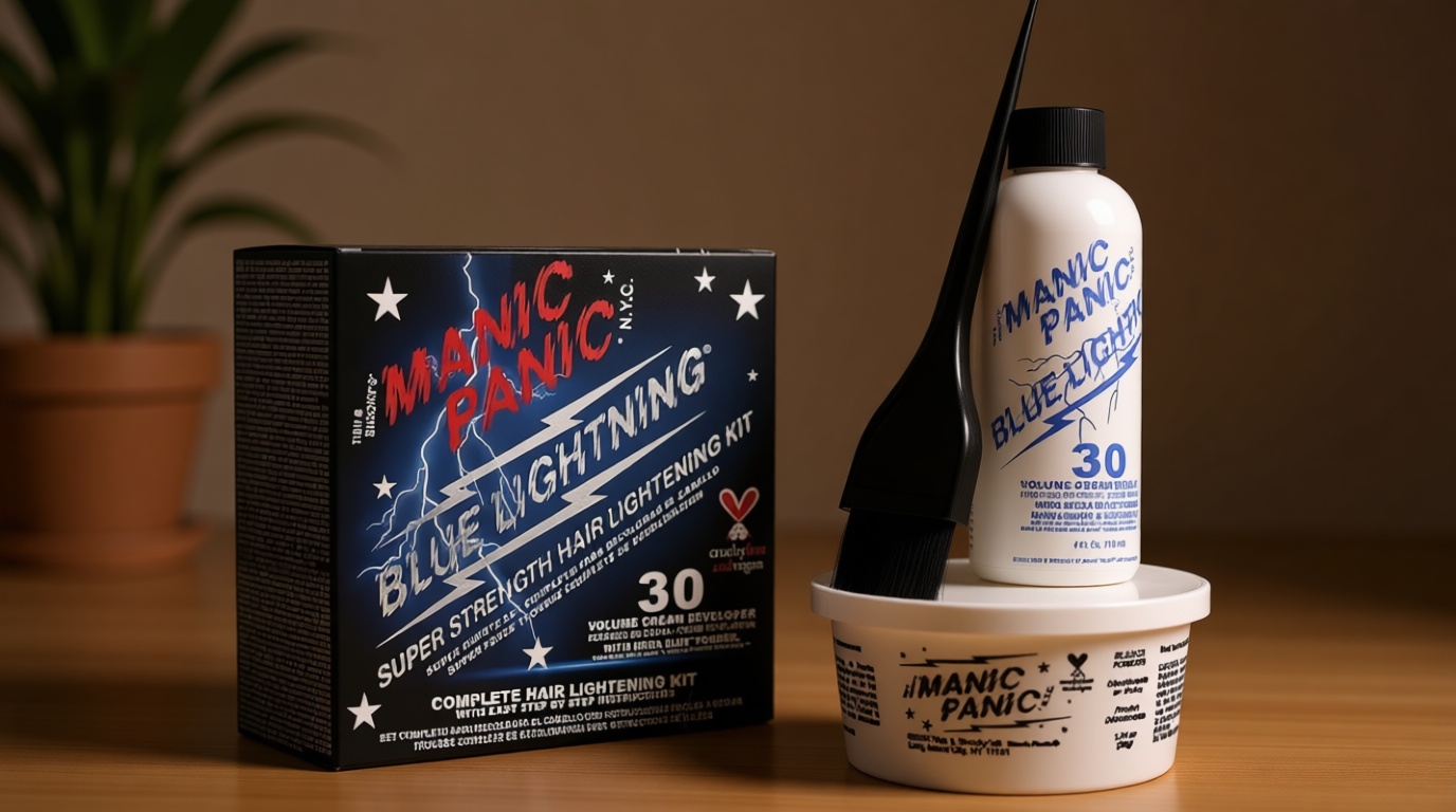 MANIC PANIC Blue Lightning Hair Bleach Kit - 30 Volume Developer + Bleach Powder Hair Lightener Lifts up to Five Levels And Eliminates Orange Tones - Vegan And Cruelty Free