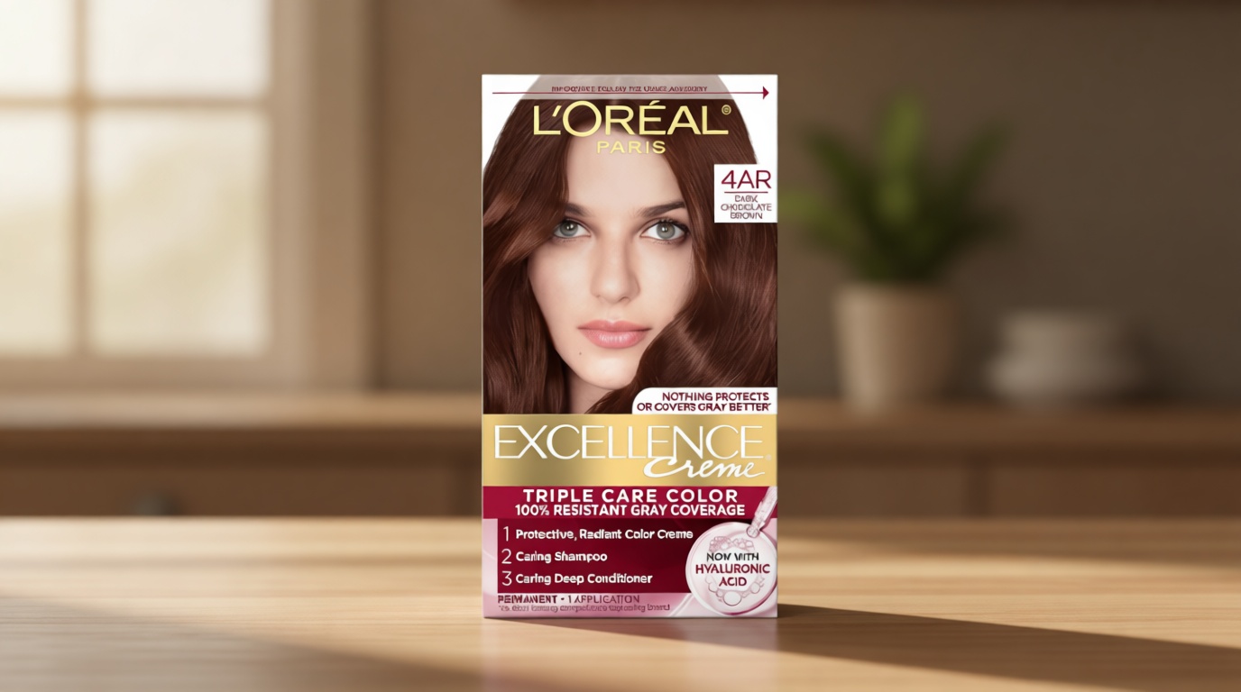 L'Oreal Paris Excellence Crème Permanent Hair Dye, Triple Care Hair Color with Hyaluronic Acid for 100% Gray Coverage, 4AR Dark Chocolate Brown, 1 Kit (Packaging May Vary)