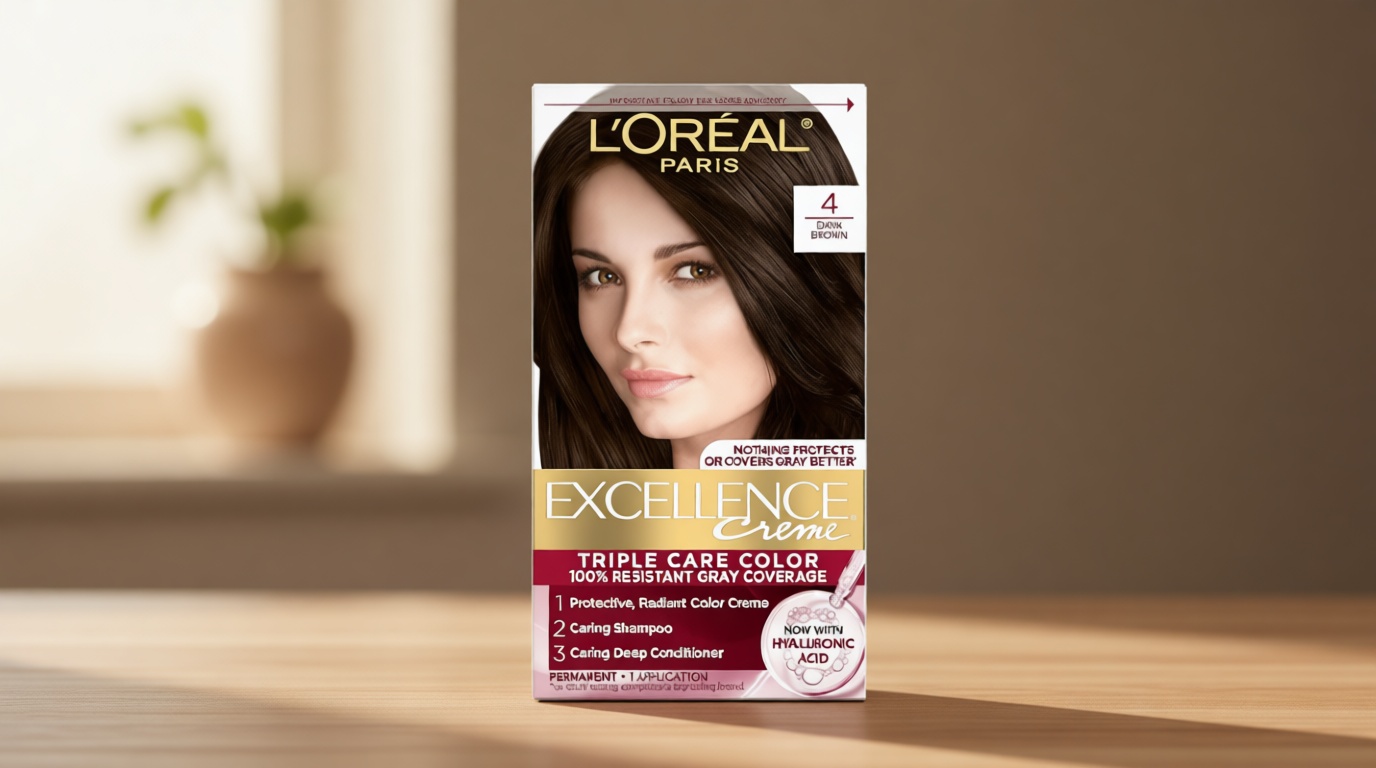 L'Oreal Paris Excellence Crème Permanent Hair Dye, Triple Care Hair Color with Hyaluronic Acid for 100% Gray Coverage, 4 Dark Brown, 1 Kit (Packaging May Vary)