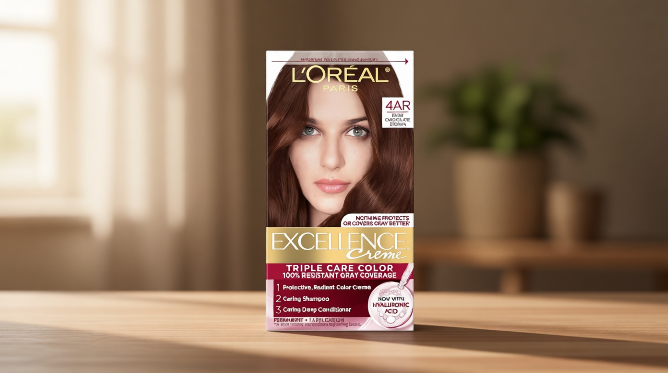 L'Oreal Paris Excellence Crème Permanent Hair Dye, Triple Care Hair Color with Hyaluronic Acid for 100% Gray Coverage, 4AR Dark Chocolate Brown, 1 Kit (Packaging May Vary)