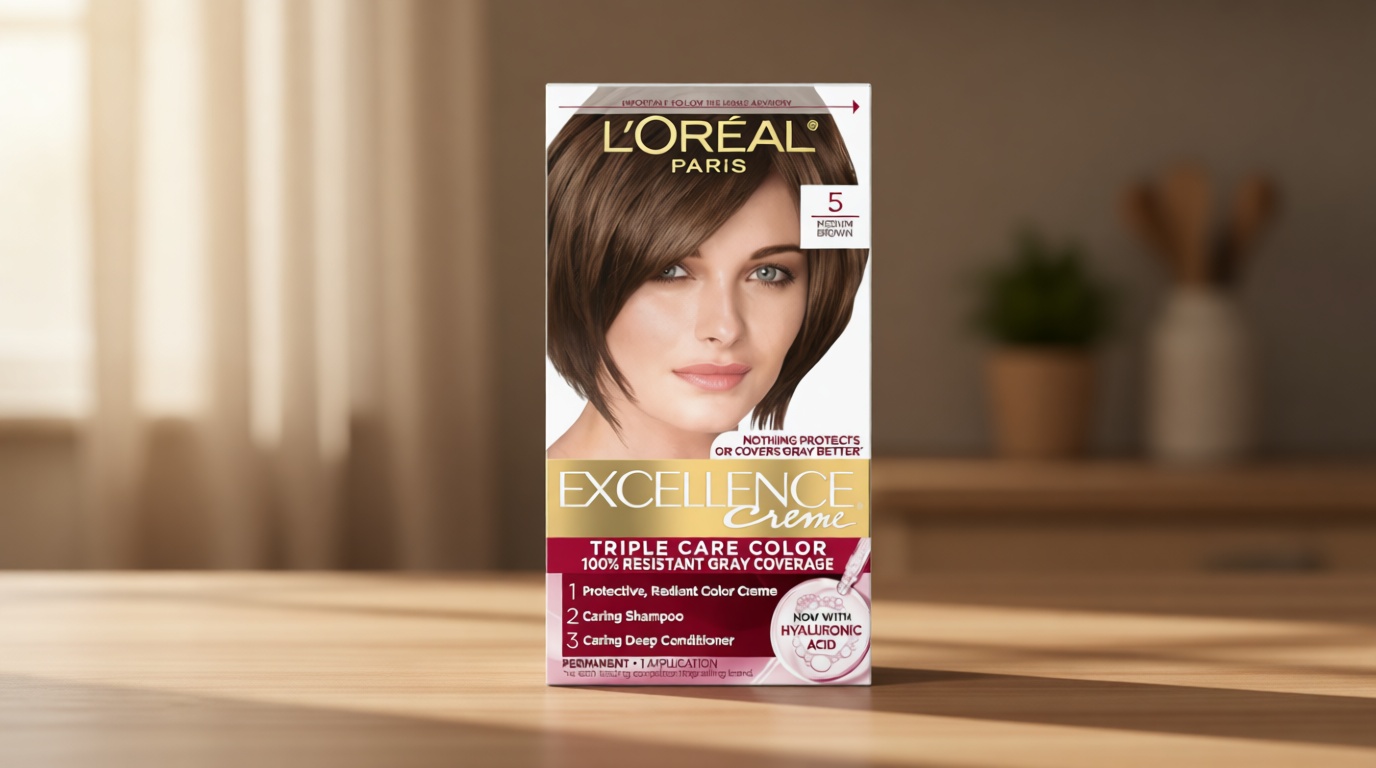 L'Oreal Paris Excellence Crème Permanent Hair Dye, Triple Care Hair Color with Hyaluronic Acid for 100% Gray Coverage, 5 Medium Brown, 1 Kit (Packaging May Vary)