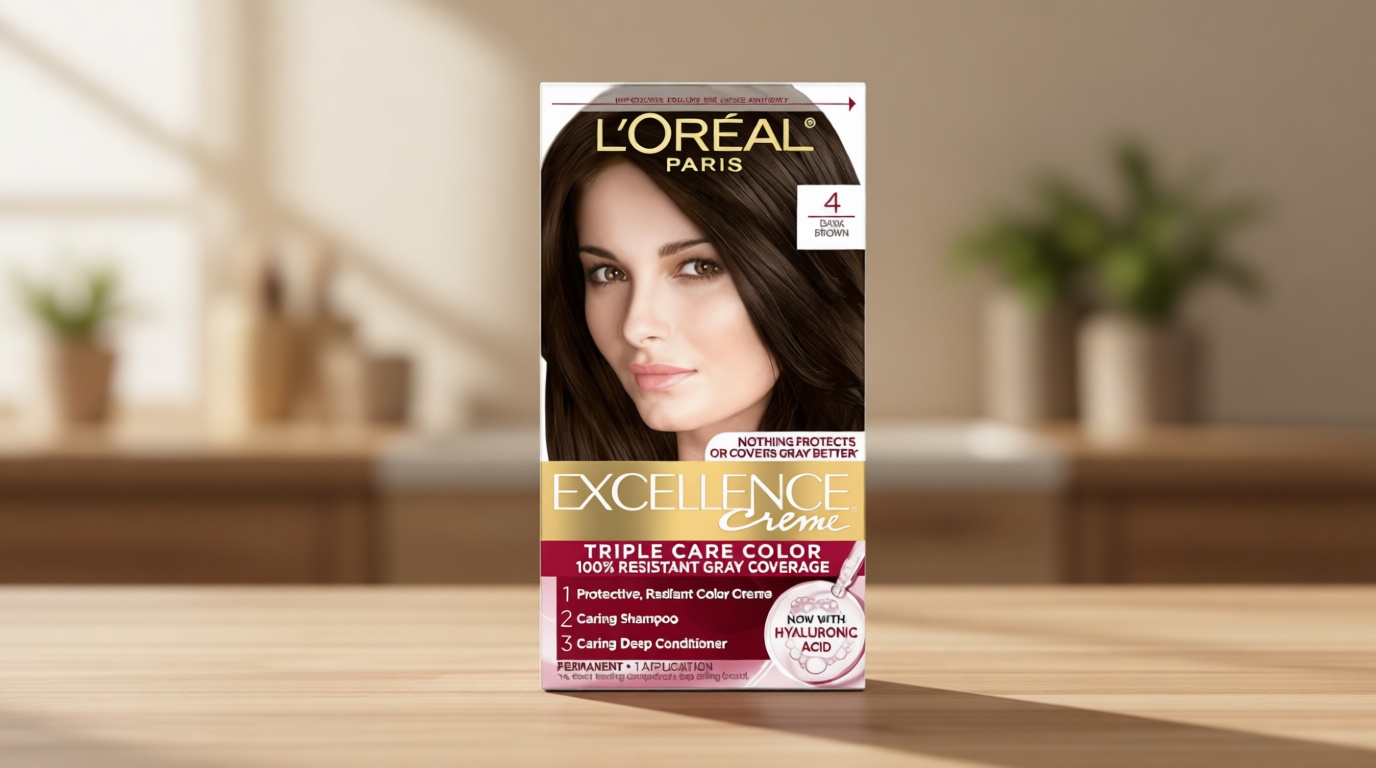 L'Oreal Paris Excellence Crème Permanent Hair Dye, Triple Care Hair Color with Hyaluronic Acid for 100% Gray Coverage, 4 Dark Brown, 1 Kit (Packaging May Vary)