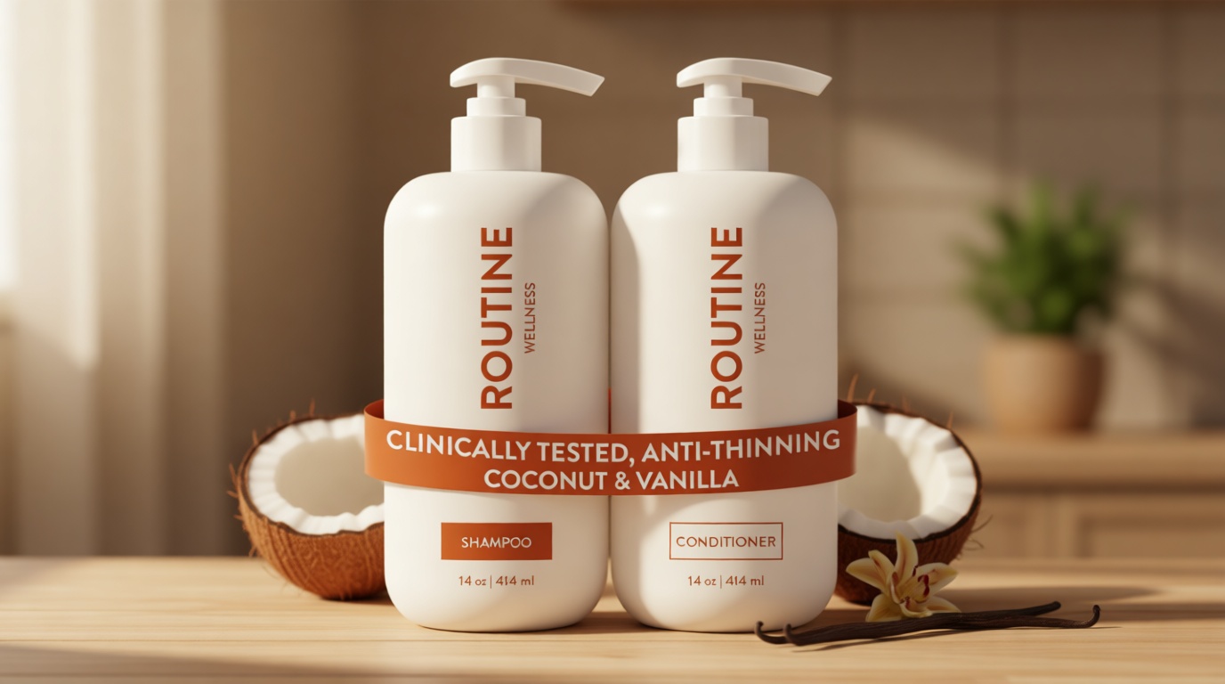 Routine Wellness Anti-Thinning Shampoo and Conditioner Set for Thinning Hair - Biotin DHT Blocker Women & Men - Color Safe Shampoo for Hair Loss & Healthier Hair - Coconut & Vanilla (Pack of 2)