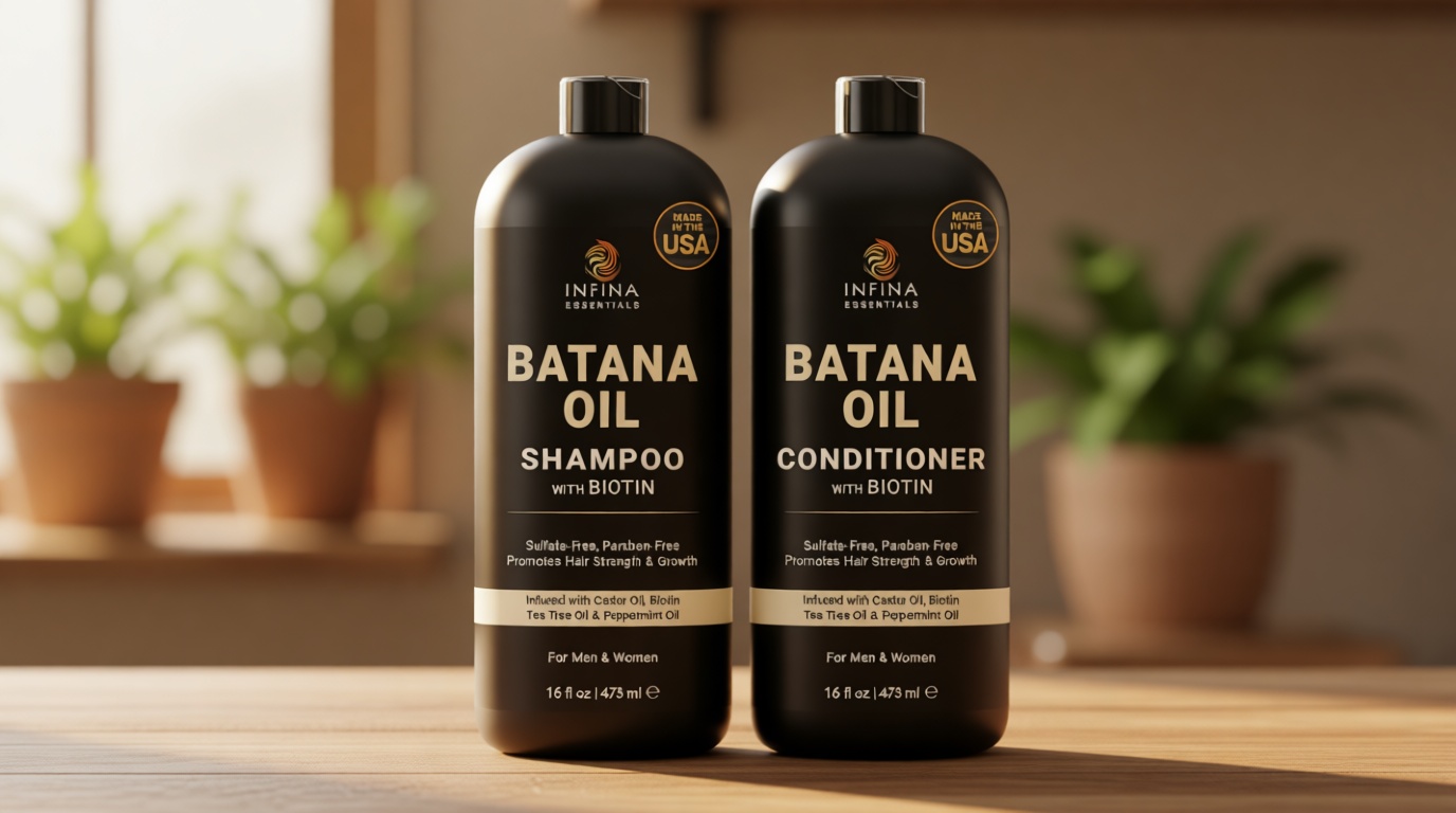 INFINA ESSENTIALS Batana Oil Shampoo and Conditioner Set | 16 fl oz Each | with Biotin & Tea Tree | Moisturizing, Strengthening & Nourishing Formula | Promotes Hair Growth and Thickness
