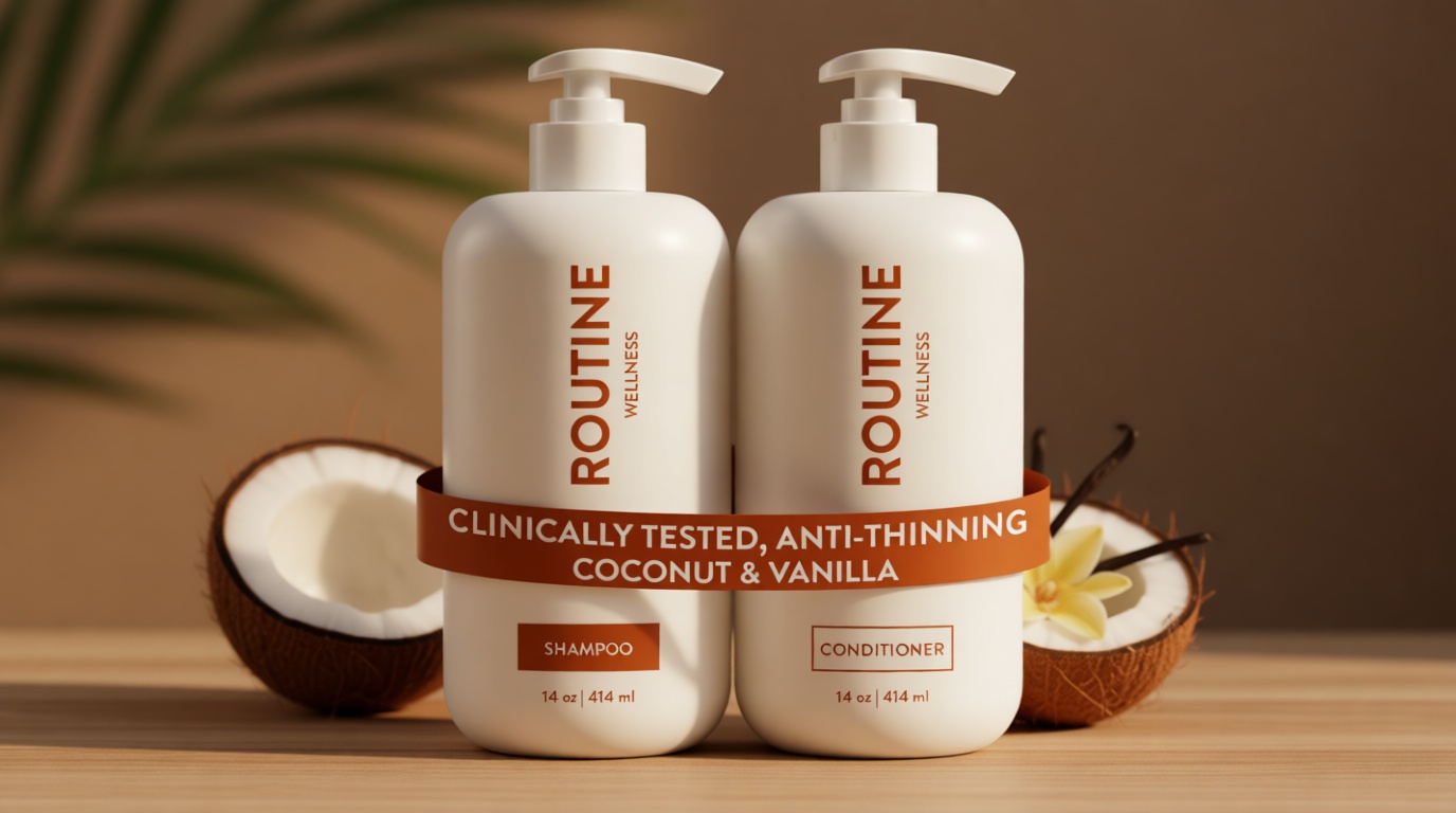 Routine Wellness Anti-Thinning Shampoo and Conditioner Set for Thinning Hair - Biotin DHT Blocker Women & Men - Color Safe Shampoo for Hair Loss & Healthier Hair - Coconut & Vanilla (Pack of 2)