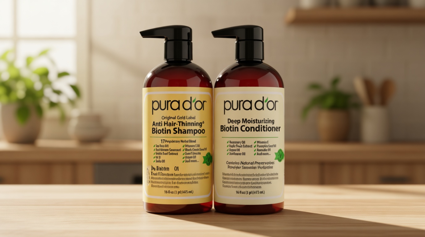 PURA D'OR Anti-Thinning Biotin Shampoo and Conditioner Natural Earthy Scent, CLINICALLY TESTED Effective Results, Herbal Blend Thickening Products For Women & Men, Original Gold Label Set, 16oz x2 | Deep Moisturizing, Conditioner, CLINICALLY TESTED, Effective Results, Hair Thickening, Product