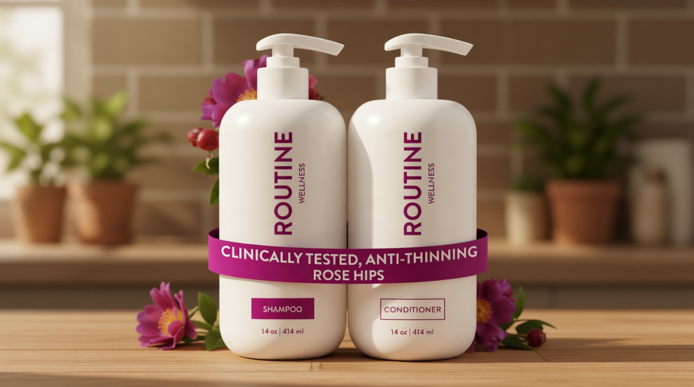 Routine Wellness Anti-Thinning Shampoo and Conditioner Set for Thinning Hair - Biotin DHT Blocker Women & Men - Color Safe Shampoo for Hair Loss & Healthy Hair - Rose Hips (Pack of 2)