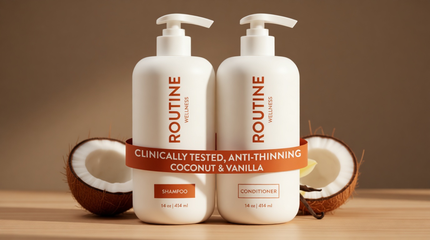 Routine Wellness Anti-Thinning Shampoo and Conditioner Set for Thinning Hair - Biotin DHT Blocker Women & Men - Color Safe Shampoo for Hair Loss & Healthier Hair - Coconut & Vanilla (Pack of 2)