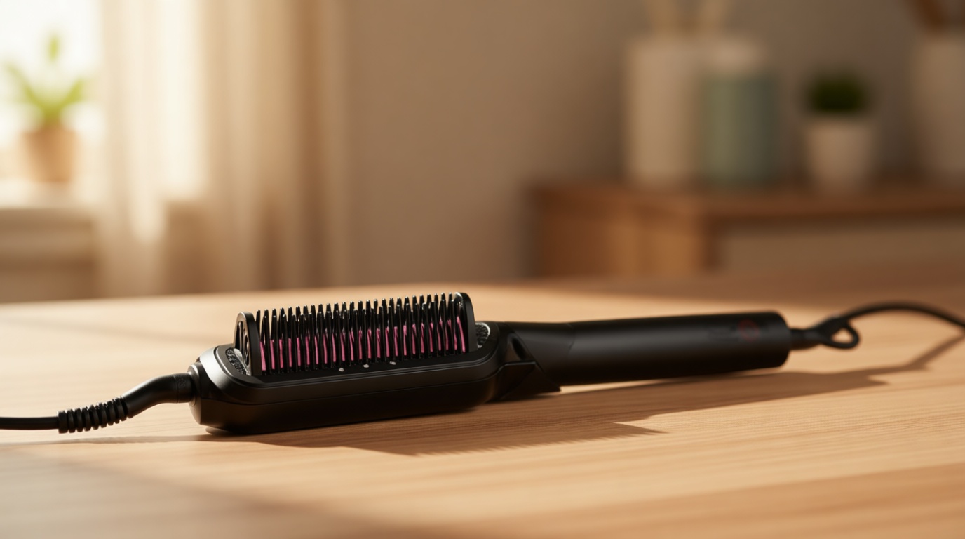 TYMO Flat Iron Hair Straightener Brush 2 in 1, 200M Ions Hair Straighteners for Women, Ceramic Straightening Hot Comb for Anti-Frizz Straights, Waves, Curl, 3X Less Heat Damage, Dual Voltage, Black