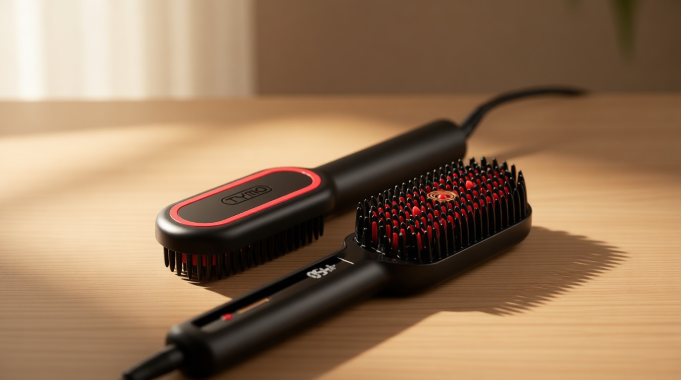 TYMO Hair Straightener Brush - Upgraded Ionic Plus Straightening Brush with Dense Bristles, 16 Temps, Dual Voltage | Ceramic Hot Comb for Women | Flat Iron for Thick Curly Hair, Black