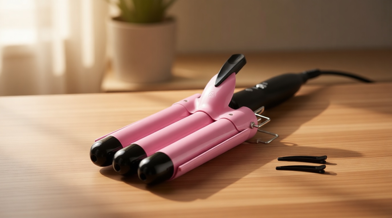 TOP4EVER 3 Barrel Curling Iron, 1 inch Crimper Hair Tool,Crimping Waver for Women Beach Waves with Two Temperature Settings, Pink