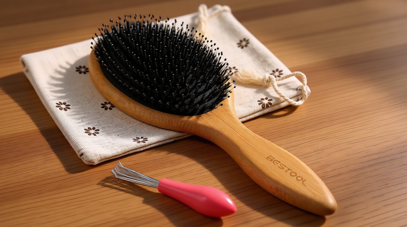 BESTOOL Hair Brush-Boar Bristle Hair Brushes Natural Bamboo Wooden Cushion Massage Anti Static Large Paddle Hairbrush for Women Men and Kid (Round) ClimatePartner certified
