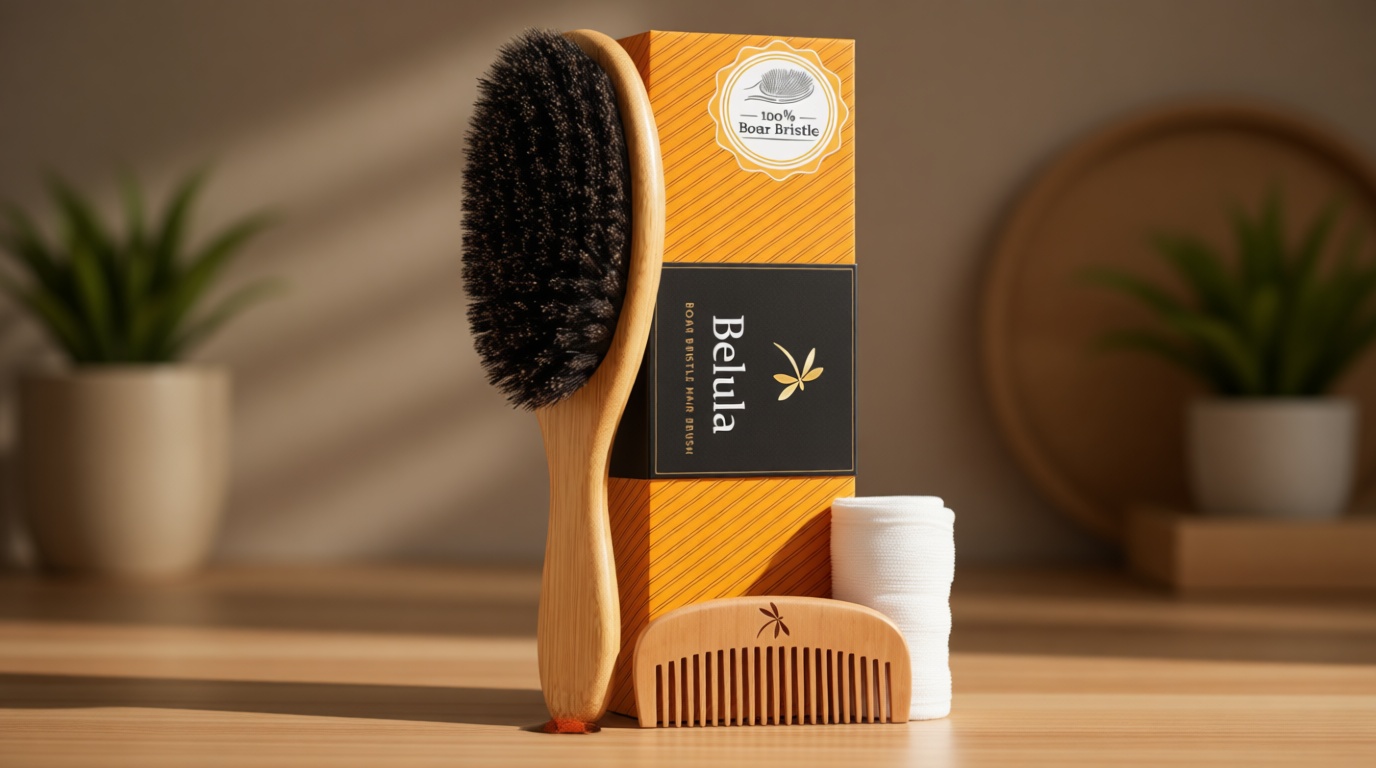 Belula 100% Boar Bristle Hair Brush Set (Medium). Soft Natural Bristles for Thin and Fine Hair. Restore Shine And Texture. Wooden Comb, Travel Bag and Spa Headband Included!