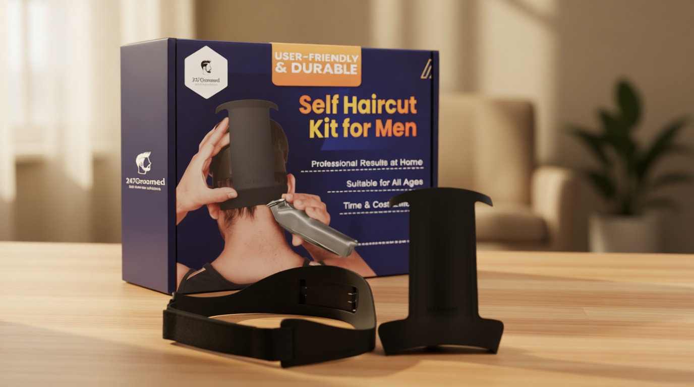 247 Groomed Self Haircut Kit for Men | 2Pcs SelfCut Guide for Men: Neckline Shaving Template & Fade Guide | Adjustable Size Hair Fade Tool & Stable Neck Line Up Tool | Hair Cut for Kids & Seniors
