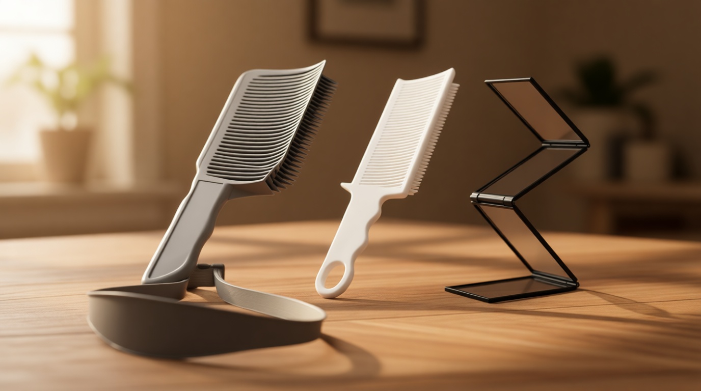 Fade Combs, 4 Piece Self Haircut Kit for Men Professional Barber Positioning Combs with 360 Fourfold Mirror Flat/Curved Push Edge Hair Combs, Hair Cutting Guide Tools for Home & Salon Use