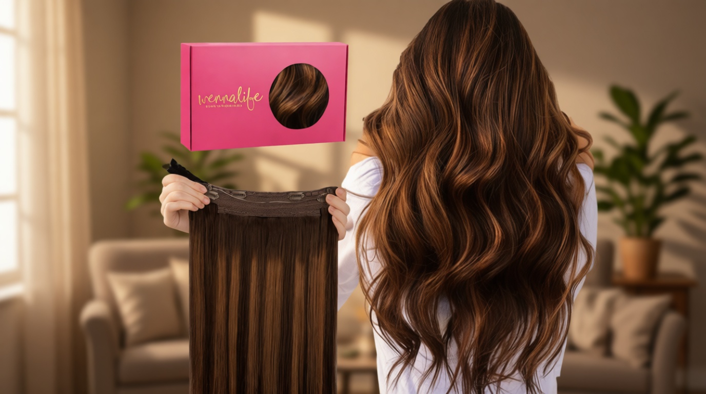 WENNALIFE Wire Hair Extensions (Increase 50% Lifespan) Real Human Hair 14 inch 75g Balayage Dark Brown to Chestnut Remy Invisible Transparent Fish Line ClimatePartner certified
