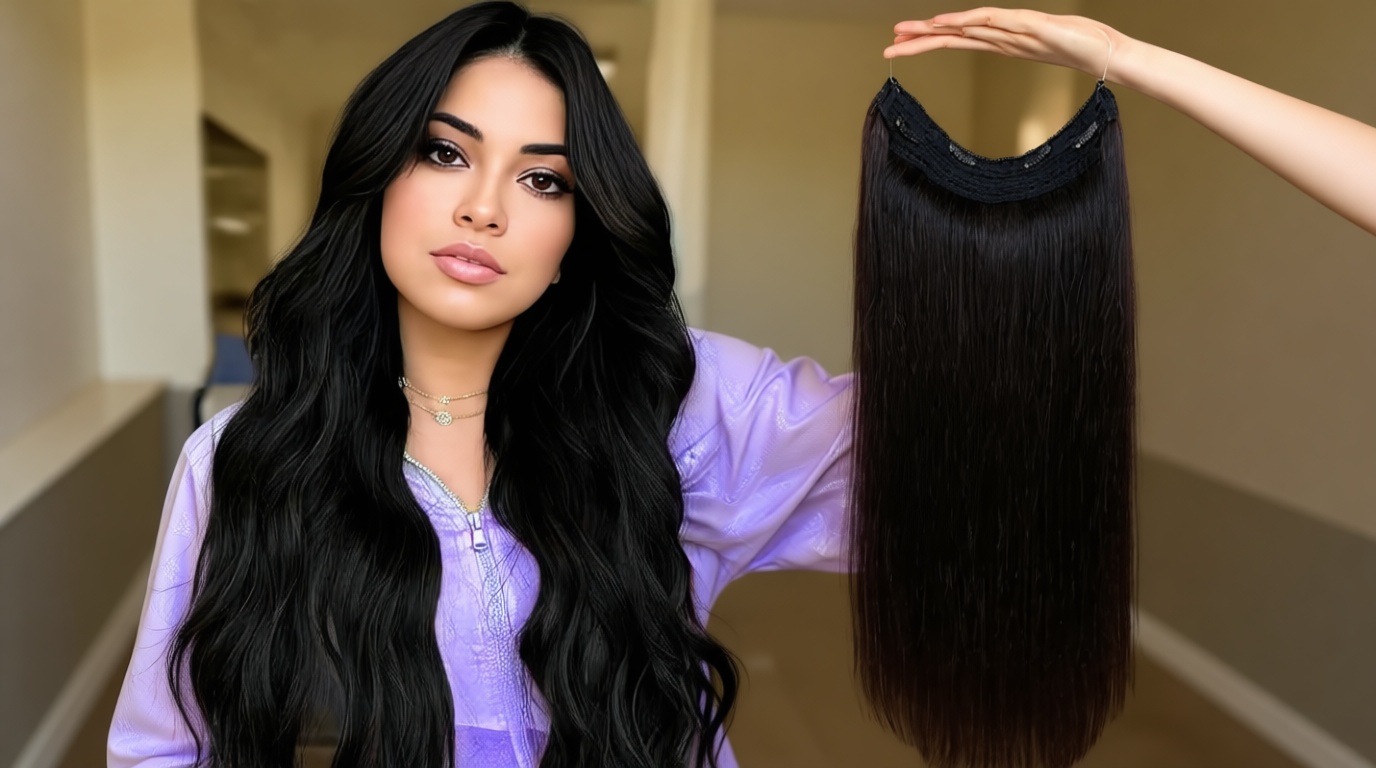 Halo Hair Extensions Real Human Hair 14inch/80g Invisible Wire Hair Extensions Real Human Hair Natural Black Hair Halo Extensions for Women Adjustable Wire Secret With Clips in Human Hair