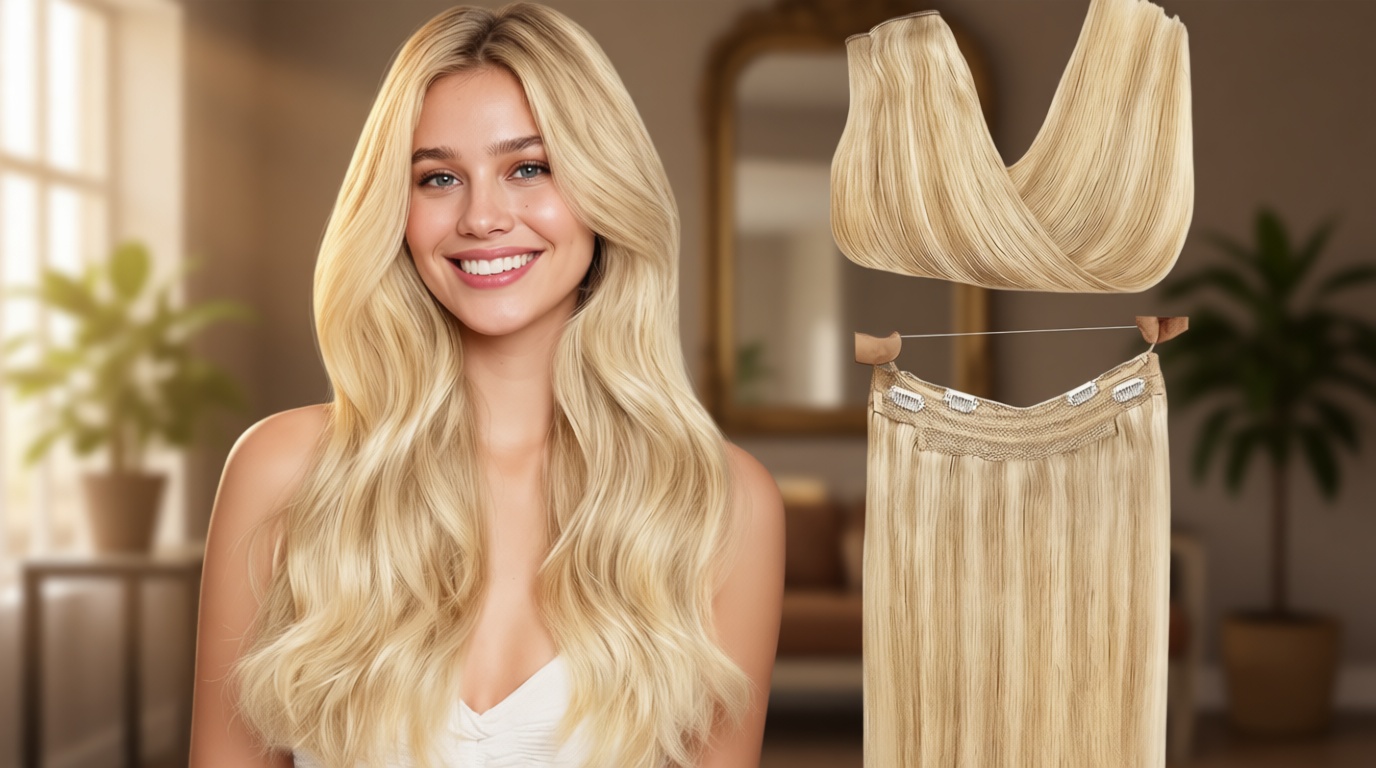 GOO GOO Wire Hair Extensions Human Hair, 16/22 Light Blondewith mix Golden Blonde Highlighted 16inch 95g, Invisible Wire Hair Extensions with Transparent, Seamless Fish Line Hairpiece ClimatePartner certified