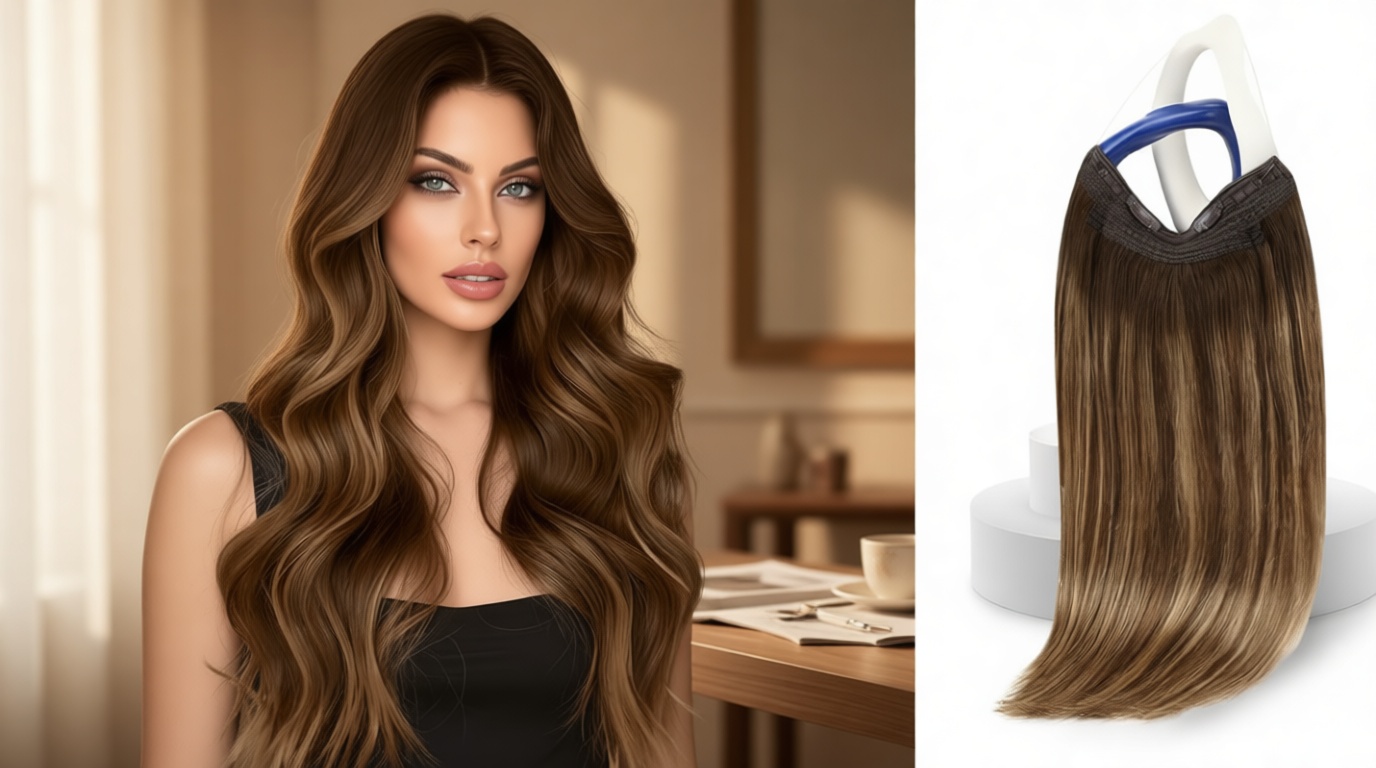 Sunny Hair Wire Hair Extensions Real Human Hair Softness 18 Inch 85G Color 4/4/27 Chocolate Brown Balayage Caramel Blonde Invisible Transparent Line Adjustable Secret Fish Line Hairpiece Easy to Wear ClimeCo Certified