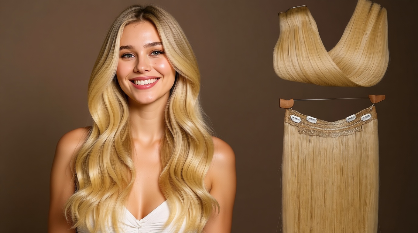 GOO GOO Wire Hair Extensions Human Hair, 16/22 Light Blondewith mix Golden Blonde Highlighted 14inch 75g, Invisible Wire Hair Extensions with Transparent, Seamless Fish Line Hairpiece ClimatePartner certified