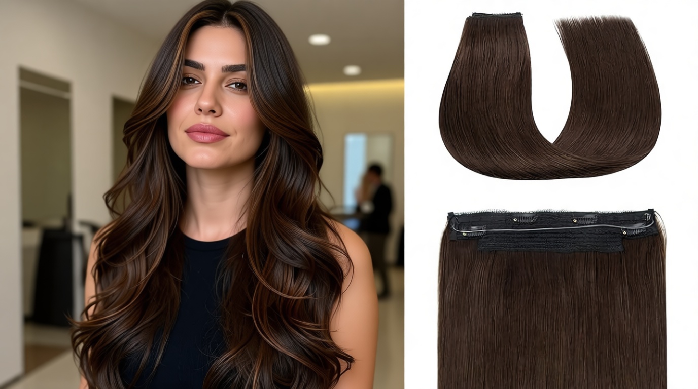 Dark Brown Halo Hair Extensions Real Human Hair 20inch/90g Seamless Invisible Wire Hair Extensions Halo with Clips and Adjustable Transparent Line Straight Halo Human Hair Extensions for Women