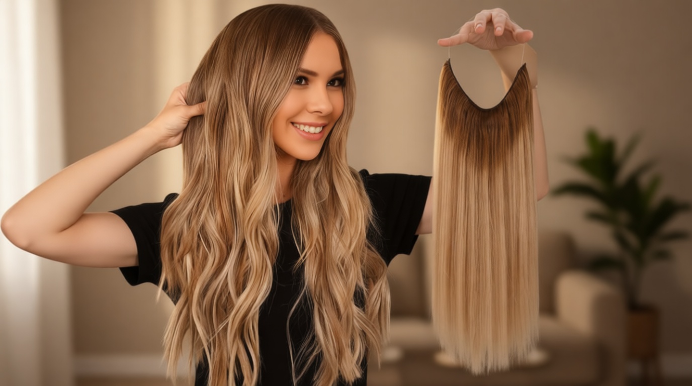 Fshine Invisible Wire Hair Extensions Real Human Hair 16 Inch 86 G Secret Wire Layered Hairpiece Olive Brown to Ash Brown and Blonde One Piece Clip in Hair Extensions for Women ClimeCo Certified