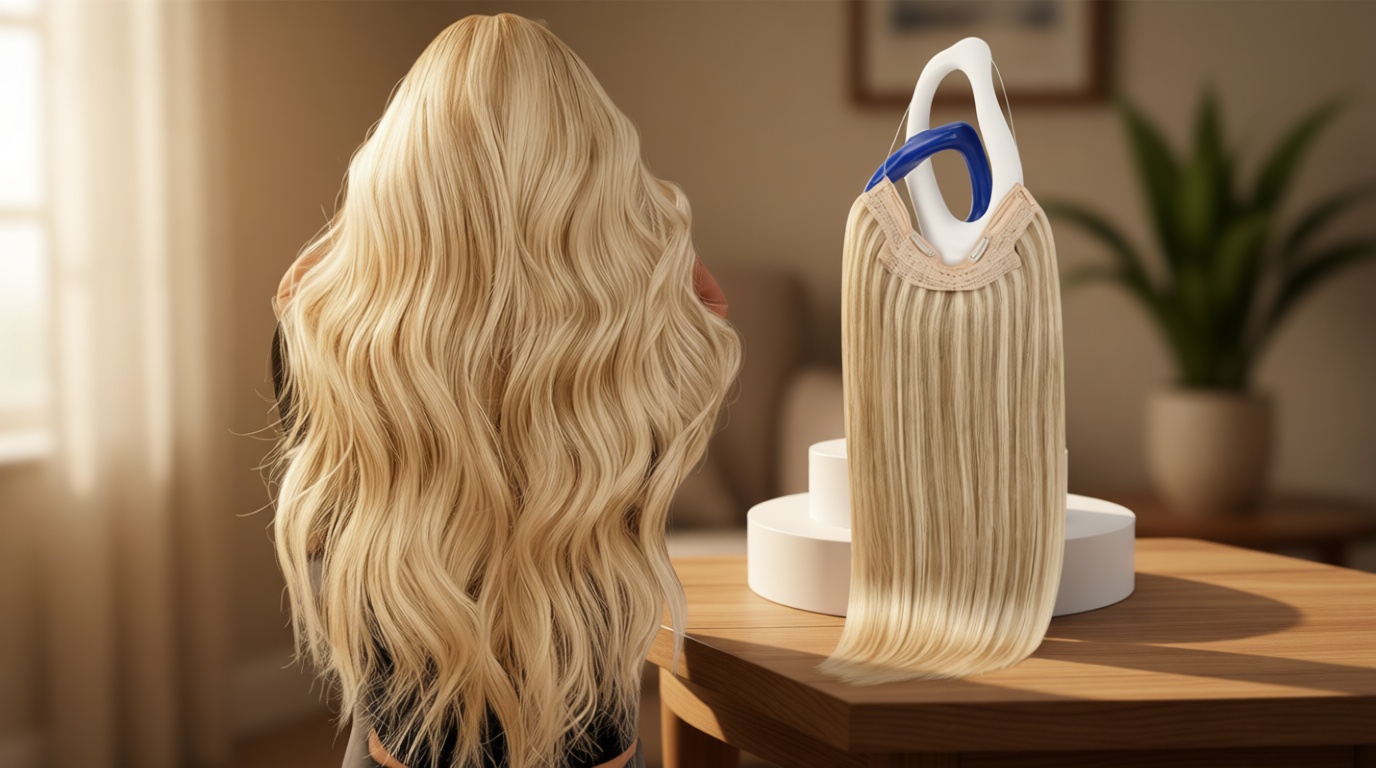 Sunny Hair Wire Hair Extensions Real Human Hair Softness 18 Inch 85G Color 16/22 Golden Blonde Highlights Medium Blonde Invisible Transparent Line Adjustable Secret Fish Line Hairpiece Easy to Wear ClimeCo Certified