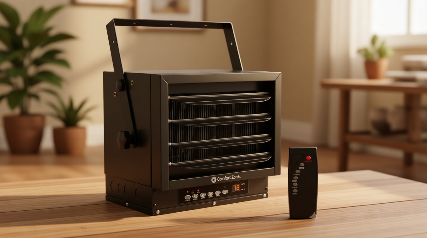 Comfort Zone Hard-Wired Ceiling Mount Garage Space Heater with Remote, 7,500 Watt, 240 Volt, Fan-Forced, Overheat Protection, Digital Thermostat, 12-Hour Timer, Ideal for Garage & Workshop, CZ230ERBK