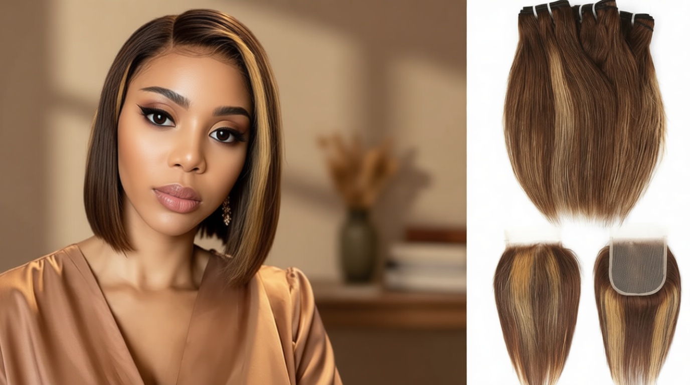 FQ 4/27 Highlight Bundles and Closure Straight P4/27 Human Hair Bundle with Closure(10 10 10+10) Brazilian Ombre Honey Blond Colored Short Bob 50g 3 Bundles with 4x4 Lace Closure