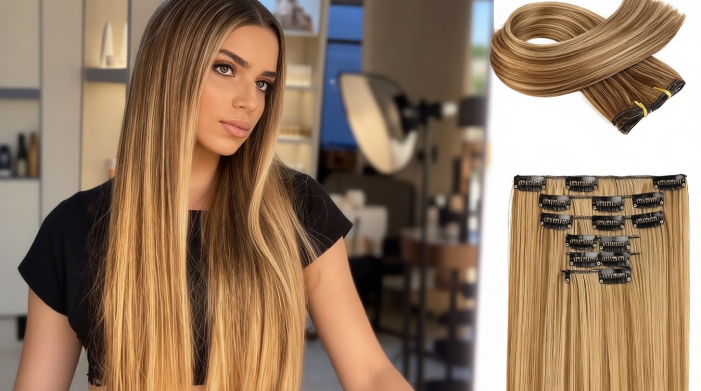 FLUFYMOOZ 6PC Clip in Hair Extensions 24" Straight Long Extensions for Women Synthetic Hairpiece (Brown with Blonde Highlights)