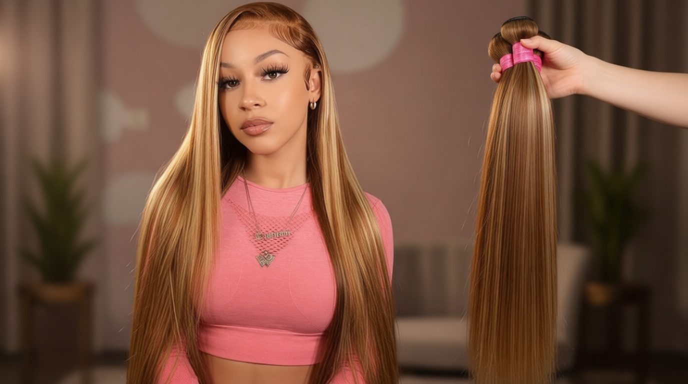 Beautymoon Highlight Ombre Straight Human Hair Bundles 100% Unprocessed Brazilian Honey Blonde Straight Hair 16 18 20 Inch 3 Bundles Deals Human Hair Double Weft 4/27 Colored