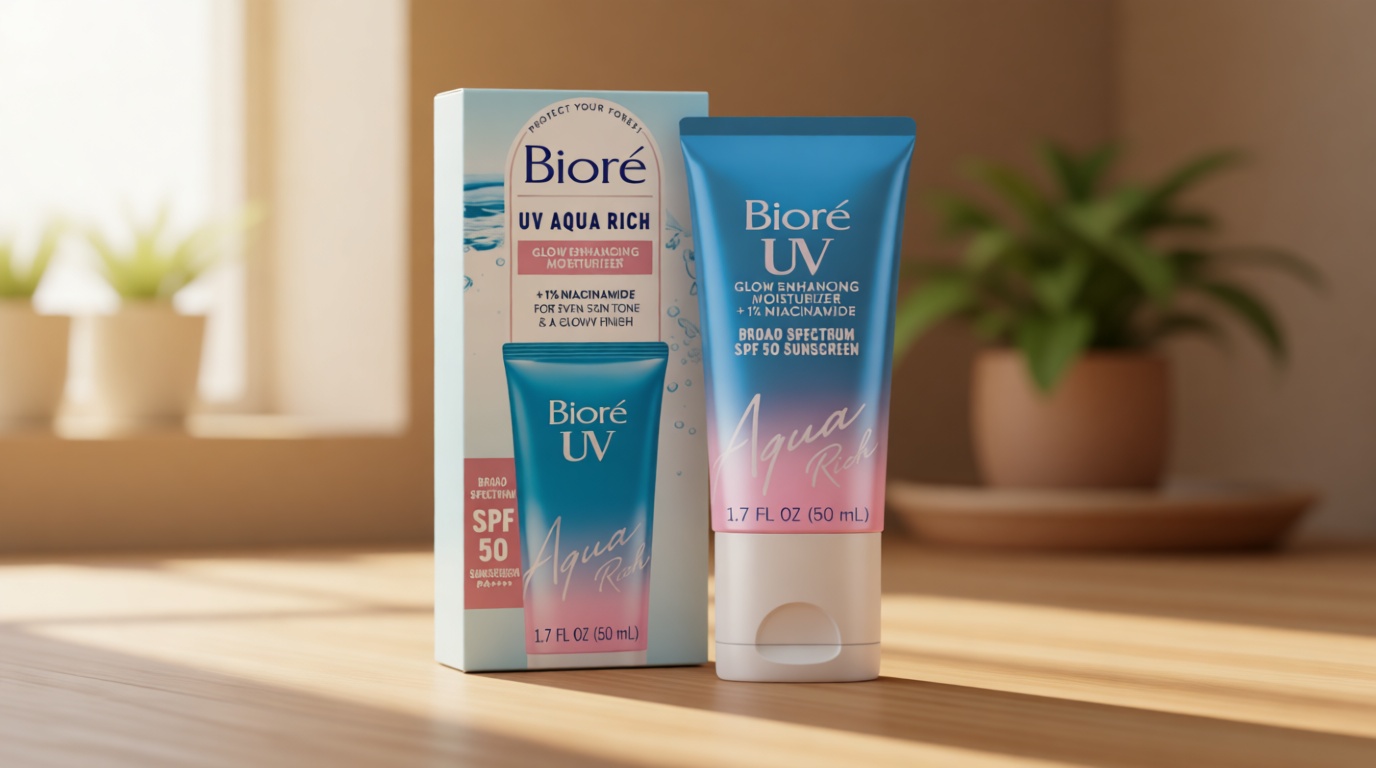 Bioré UV Aqua Rich Glow Enhancing Moisturizer with SPF, Daily Moisturizer with SPF 50, 1% Niacinamide Facial Sunscreen, 1.7 Oz