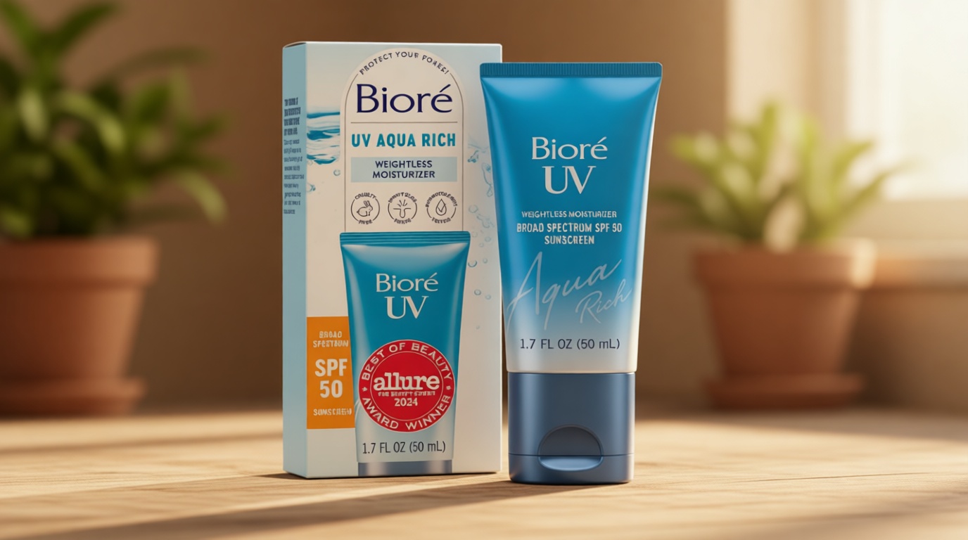 Biore UV Aqua Rich Daily Hydrating Facial Moisturizer with SPF 50 | Oil Free Sunscreen & Primer for Makeup with Hyaluronic Acid, No White Cast, Non-Comedogenic, For Sensitive Skin, PA++++, 1.7 Oz
