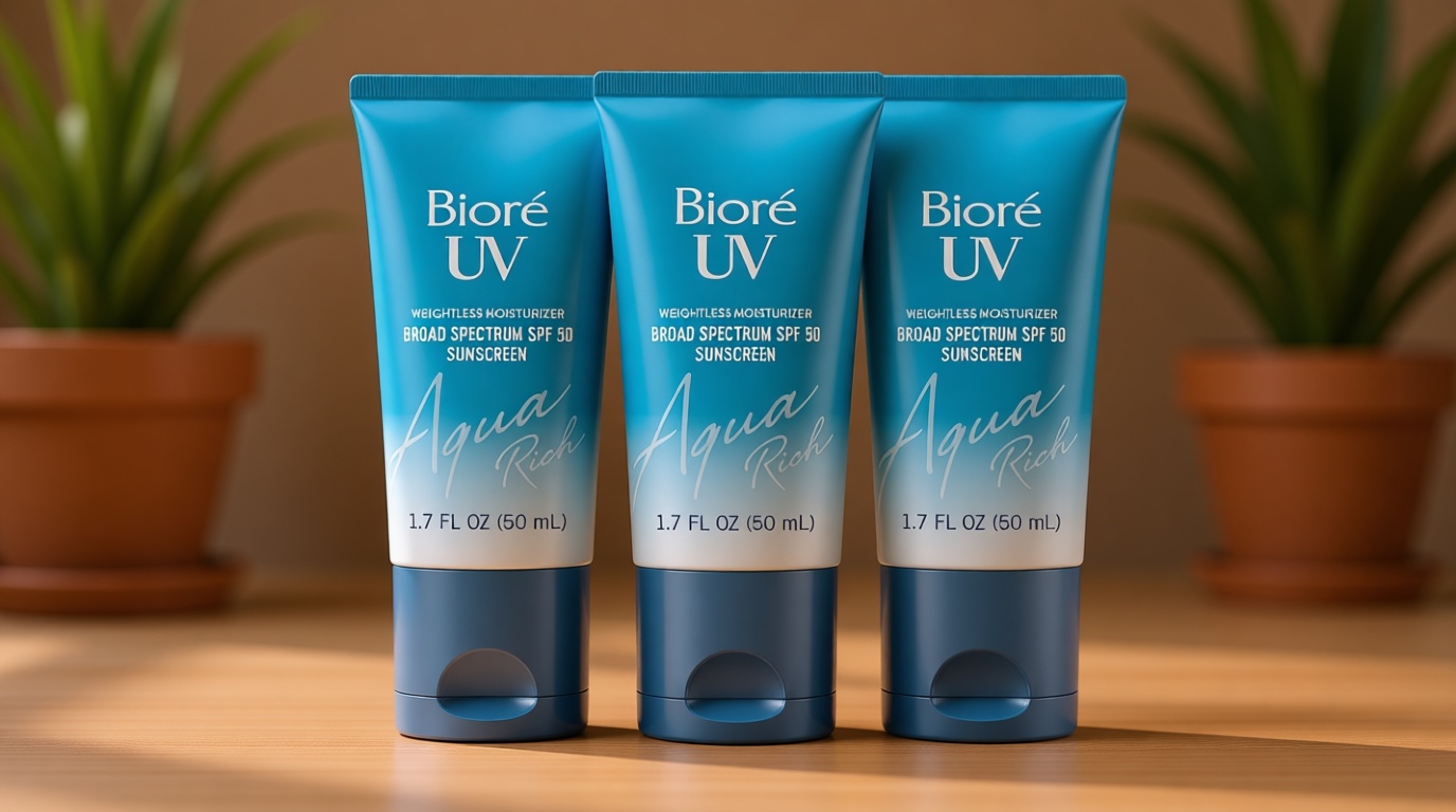 Biore UV Aqua Rich Daily Hydrating Facial Moisturizer with SPF 50 | Oil Free Sunscreen for Sensitive Skin with Hyaluronic Acid, Non-Comedogenic, Dermatologist Tested, 1.7 Oz/3 Pack