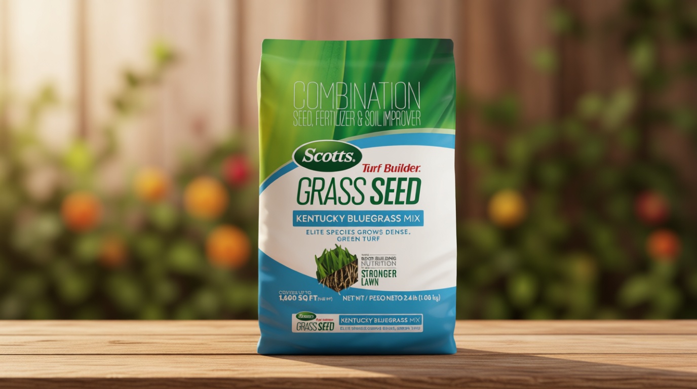 Scotts Turf Builder Grass Seed Kentucky Bluegrass Mix - Grass Seed Plus Lawn Fertilizer and Soil Improver, Grows Dense, Green Turf, Covers Up to 1,600 sq. ft., 2.4 lb.