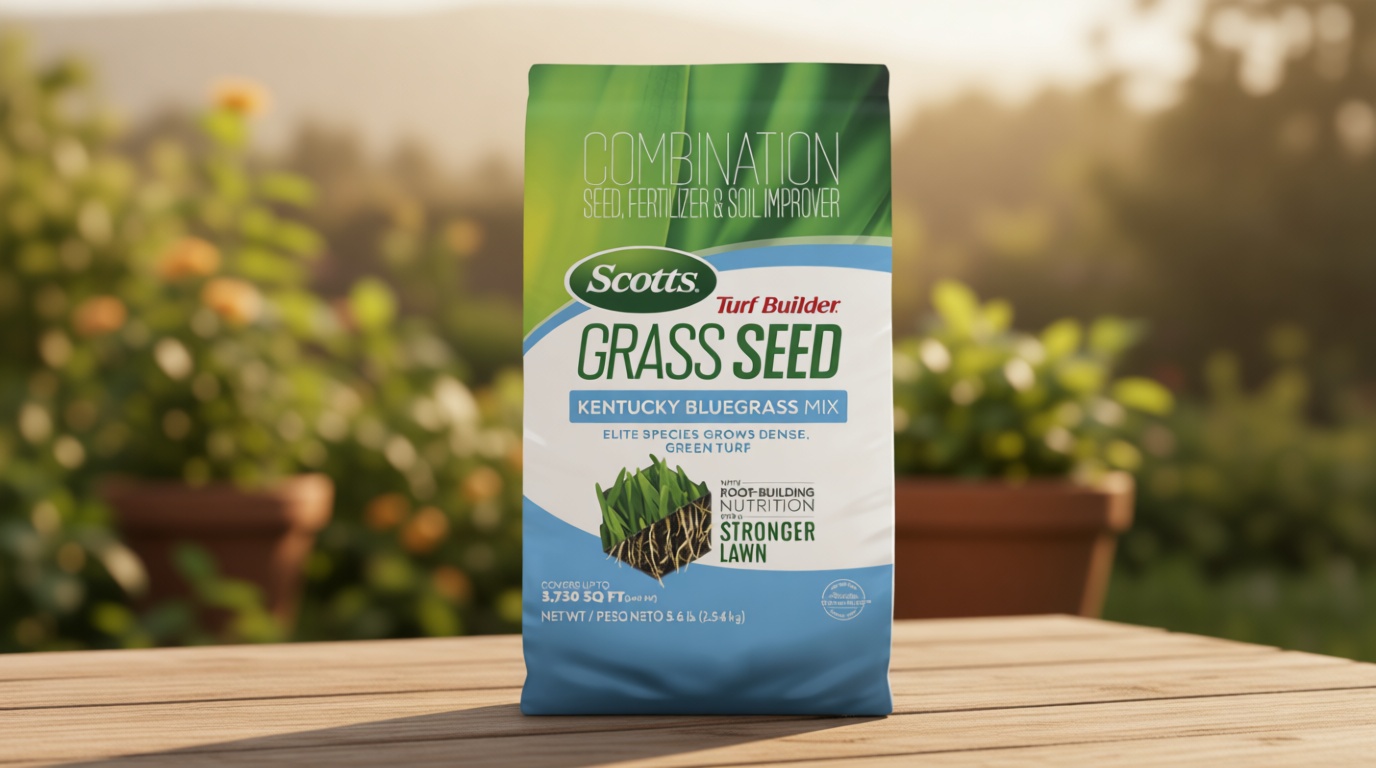 Scotts Turf Builder Grass Seed Kentucky Bluegrass Mix - Grass Seed Plus Lawn Fertilizer and Soil Improver, Grows Dense, Green Turf, Covers Up to 3,730 sq. ft., 5.6 lb.