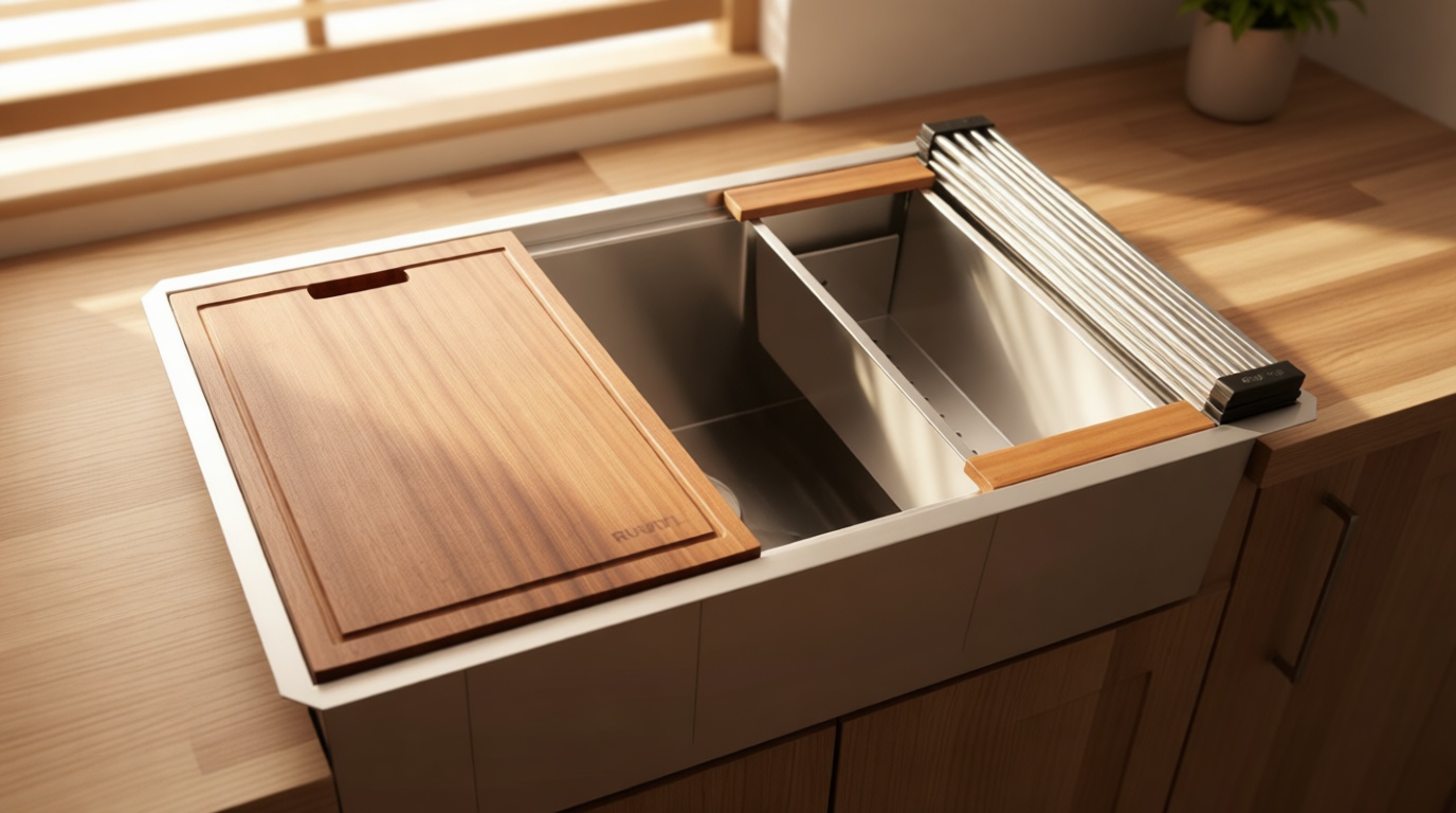 Ruvati 32-inch Undermount 16 Gauge Stainless Steel Workstation Kitchen Sink Single Bowl – Soundproof Multifunction Chef Sink with Cutting Board & Accessories, Brushed Finish Hides Scratches – RVH8300