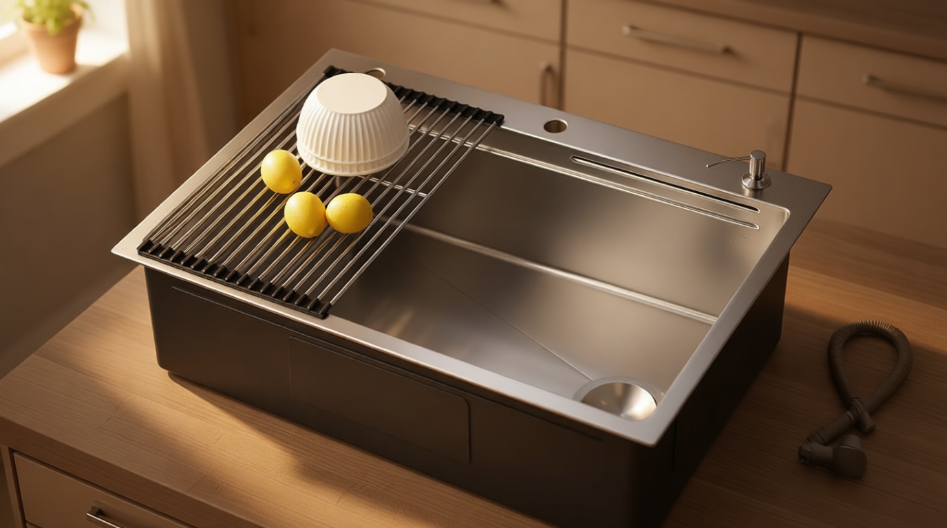 CAMMOO 33X22 Drop In Kitchen Sink with Pop-Up Drain, 304 Stainless Steel Workstation Sink, Upgraded Fast Drain, Topmount Single Bowl with Accessories, Foldable Grid for Easy Cleaning