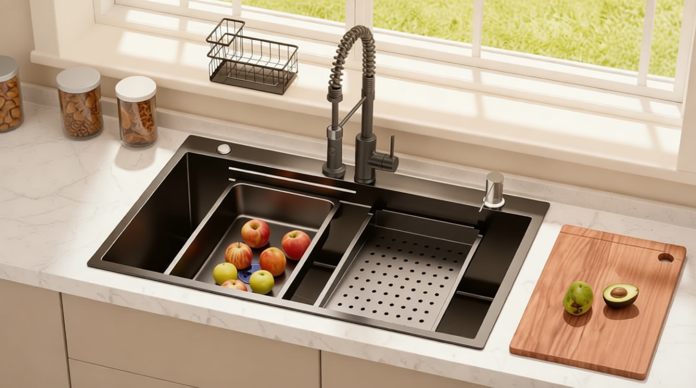 Black Kitchen Sink Drop-in with Accessories: 30x18 Workstation Sink Drop-in Kitchen Sink Stainless Steel Deep Single Bowl with Cutting Board & Pull-out Faucet for Family Kitchen