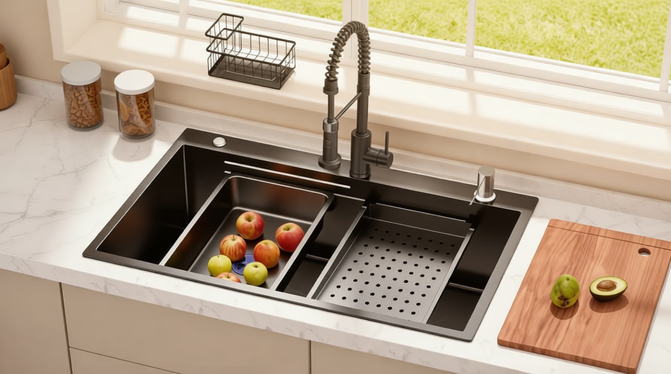 Black Kitchen Sink Drop-in with Accessories: 32x19 Workstation Sink Drop-in Kitchen Sink Stainless Steel Deep Single Bowl with Cutting Board & Pull-out Faucet for Family Kitchen