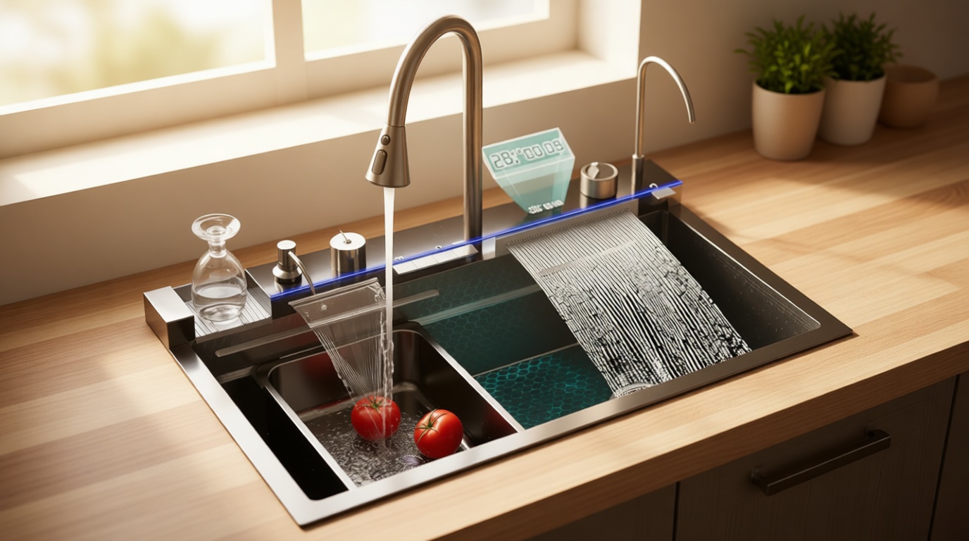 33x22 Inch Nano Black Kitchen Single Bowl Sink With Flying Rain Waterfall, Integrated Workstation, Pull-Out Tap, Drain Basket, Two Waterfalls (33 * 22 * 10 Inch)