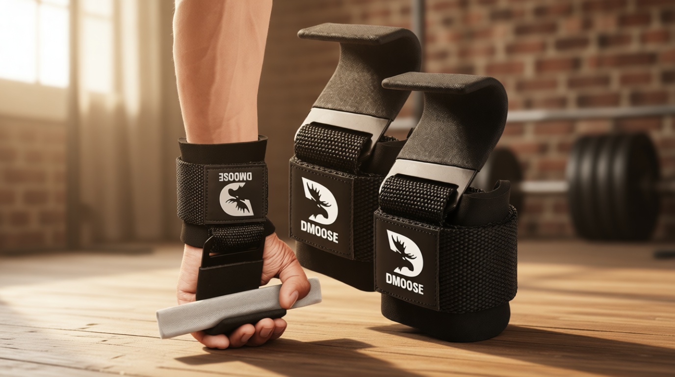 DMoose Fitness Weight Lifting Hooks (Pair) for Deadlifts, Pull Ups, Rows & Shrugs - Anti-Rip Nylon Strap Hand Grips with Thick Wrist Padding - Heavy Duty Wrist Straps for Weightlifting & Gym Workouts