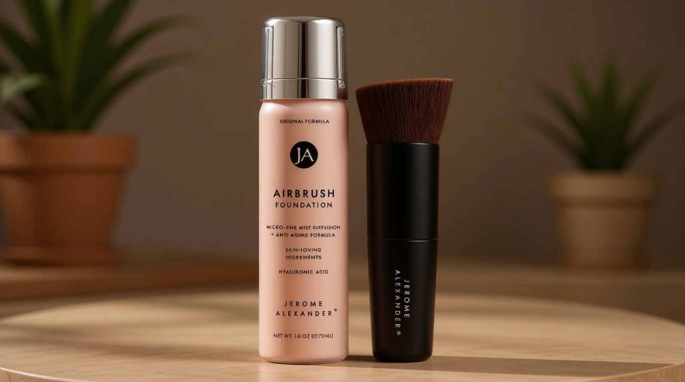 Jerome Alexander MagicMinerals AirBrush Foundation – 2 Piece Set with Airbrush Foundation and Kabuki Brush - Spray Makeup with Anti-aging Ingredients for Smooth Radiant Skin - Light Medium
