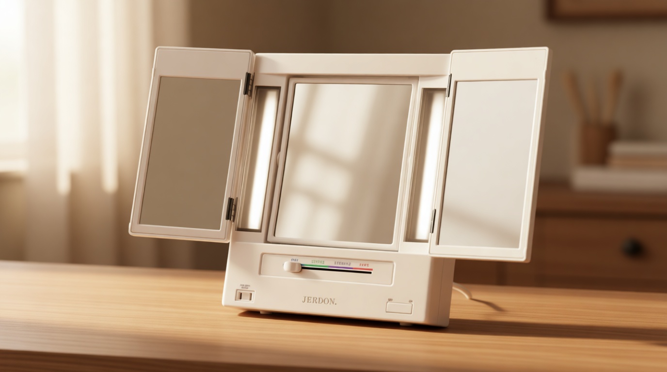 JERDON Tri-Fold Two-Sided Makeup Mirror with Lights - Vanity Mirror with 5X Magnification & Multiple Light Settings - White Base - Model JGL9W