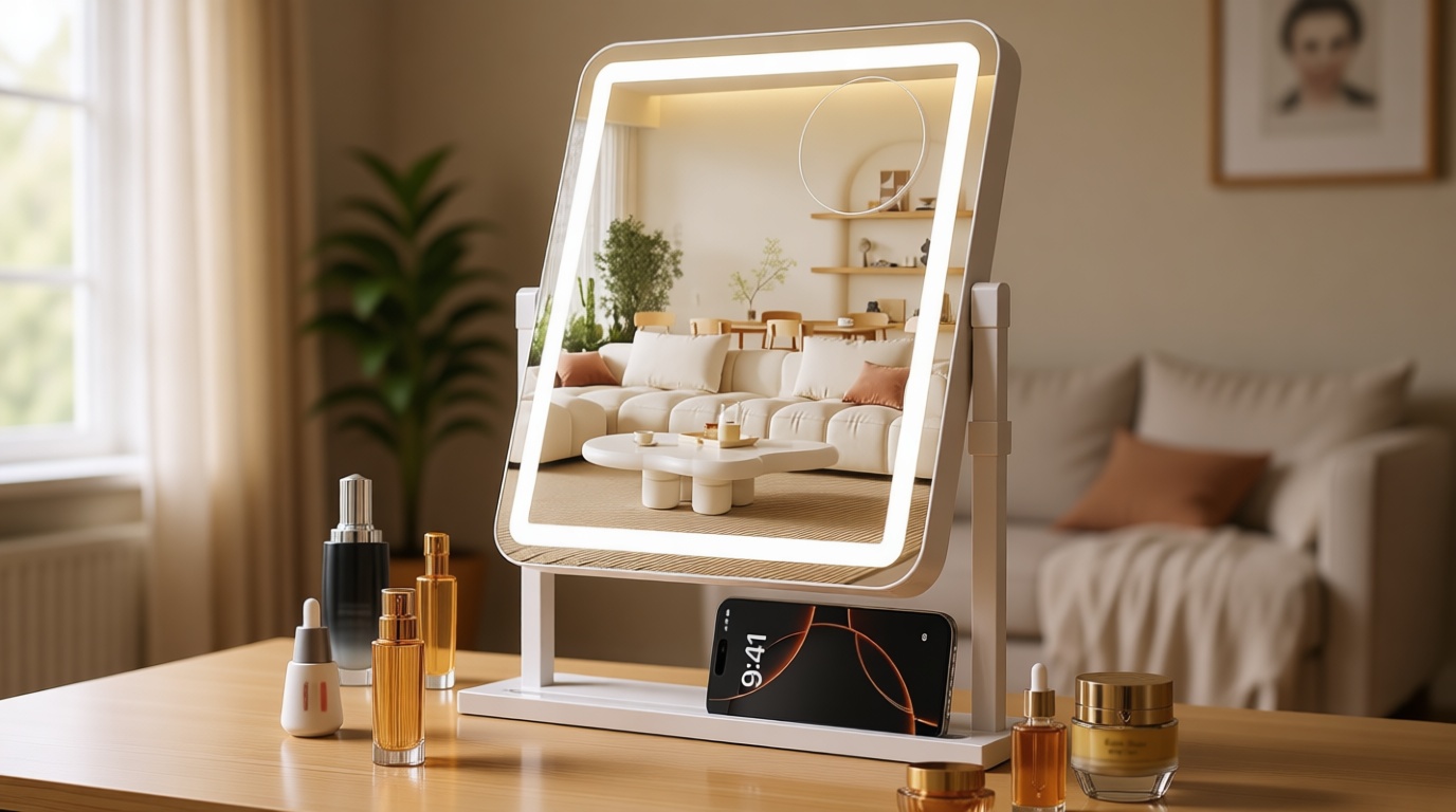 Vanity Mirror with Lights, Height-Adjustable & 360° Rotation, 1/10X Magnification, Three Color Lighting Modes, Makeup Mirror Smart Touch Control, Large Vanity Desk Mirror (17.5in,White)