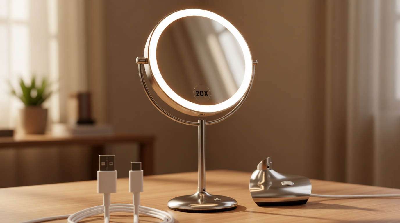 9" Lighted Makeup Mirror, 1X/20X Rechargeable Magnifying Mirror with 3 Color Dimmable Lights for Bedroom Tabletop, Base Charging and Switch, Women Gift