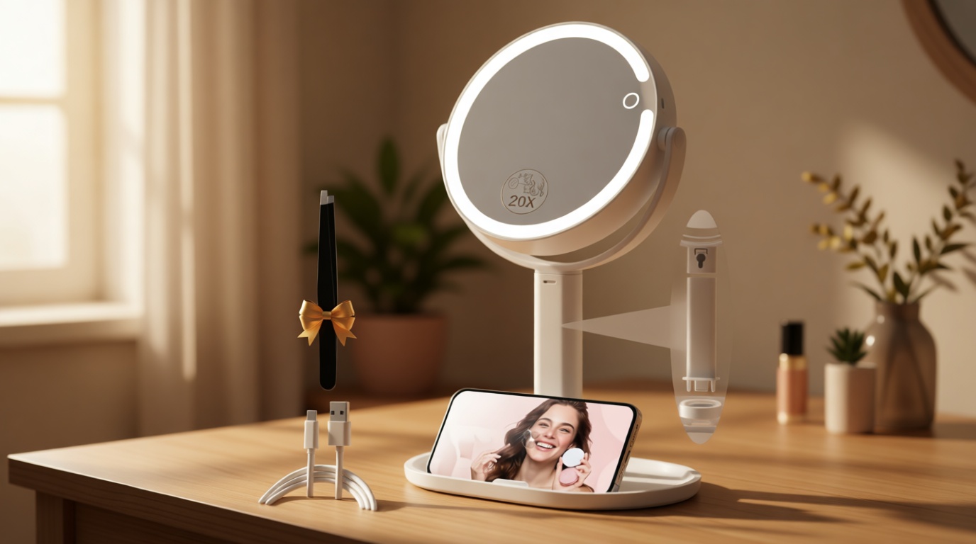 MOMOKUBA Makeup Mirror with Lights, Double Sided 1x/20x Magnifying Mirror with Light, Rechargeable 3 Color Lights and Adjustable Brightness, 360° Rotation Detachable Comes with Tweezer(White)