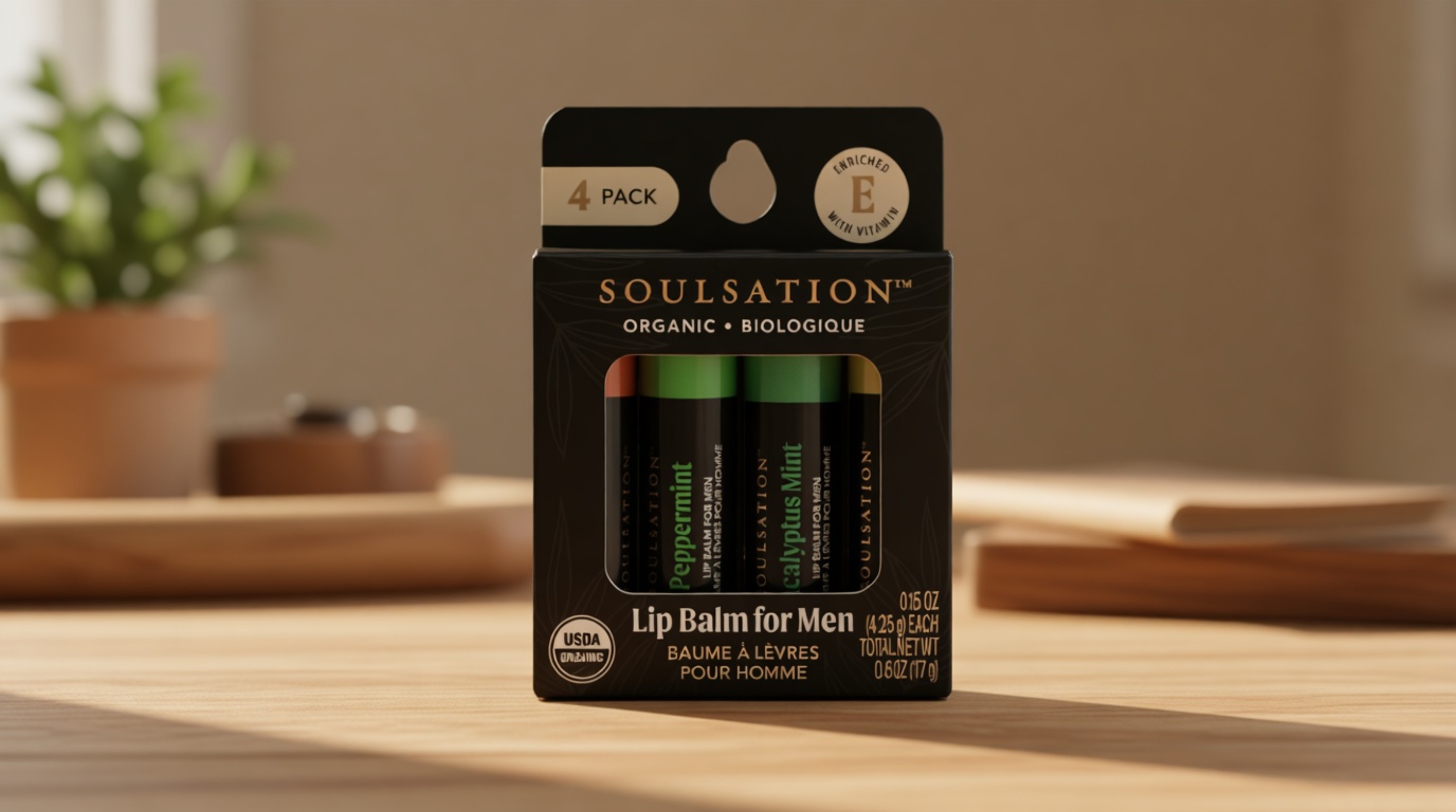 Soulsation Organic Lip Balm Set for Men - 4 Flavors - 100% Natural Moisturizing for Cracked & Dry Lips USDA Organic