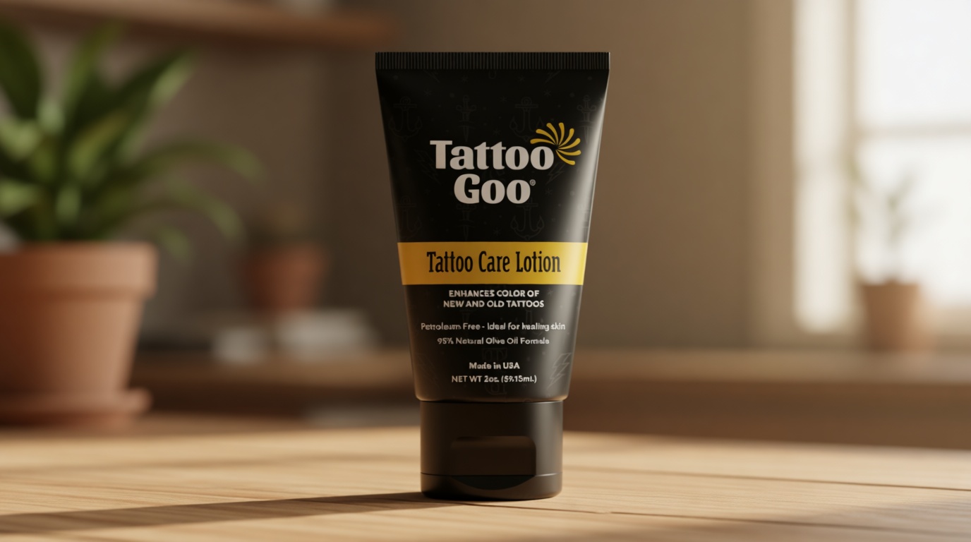 Tattoo Goo Tattoo Care Lotion, 2 oz, Soothes Itch & Irritation, Hydrate & Preserve Color, Non-Greasy Moisturizer, Aftercare Lotion with Olive Oil & Panthenol, No Petroleum or Mineral Oil